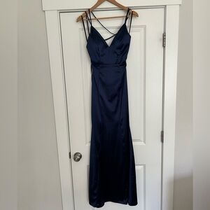 Long navy blue satin prom dress